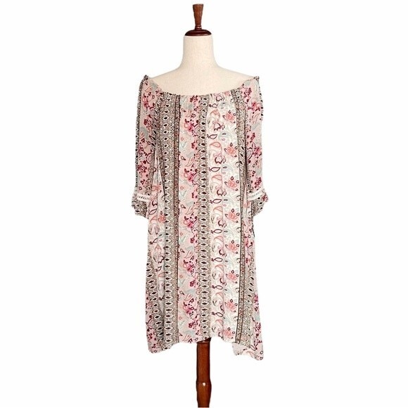 Naif Boho Dress OTS Off The Shoulder Pink Mixed Print Peasant Dress Size Large - Picture 2 of 16